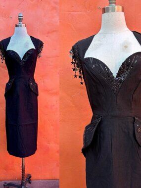 Hollywoodland / Elle Rebel Black Beaded Pinup Wiggle cocktail Dress